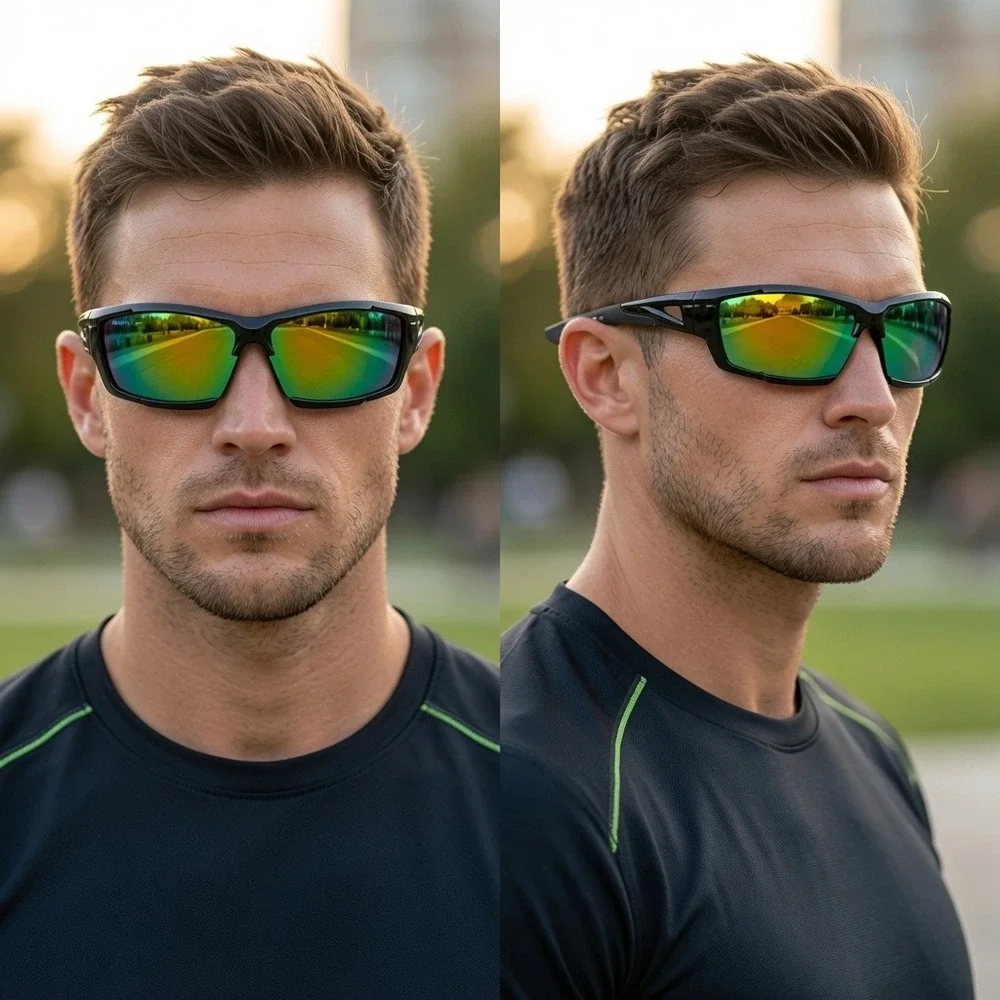 Mens Sport Wrap Around Sunglasses Black Iridescent‎ Mirror Lens Cycling Running